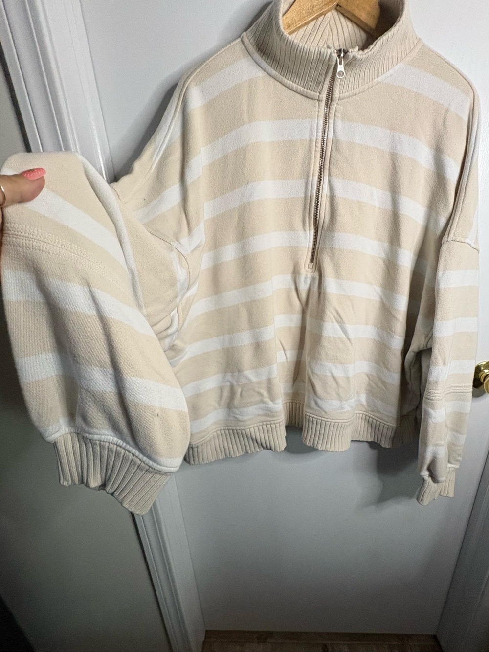 aerie Cream & White Rugby Striped Half-Zip Long Puff Sleeve Pullover